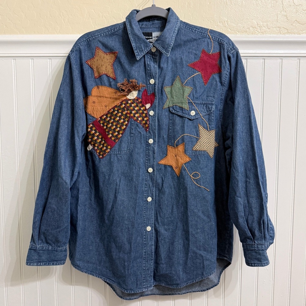 WilliWear Sport Vintage Folk Art Patchwork Angel Star Denim Shirt, Blue, M